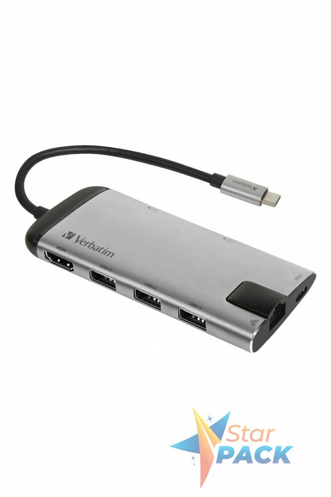 HUB extern VERBATIM, Gigabit LAN x 1, USB 3.0 x 3, HDMI x 1, USB Type C x 1, SD x 1, microSD x 1, conectare USB Type C, cablu 15 cm, max. 3A, brushed metal