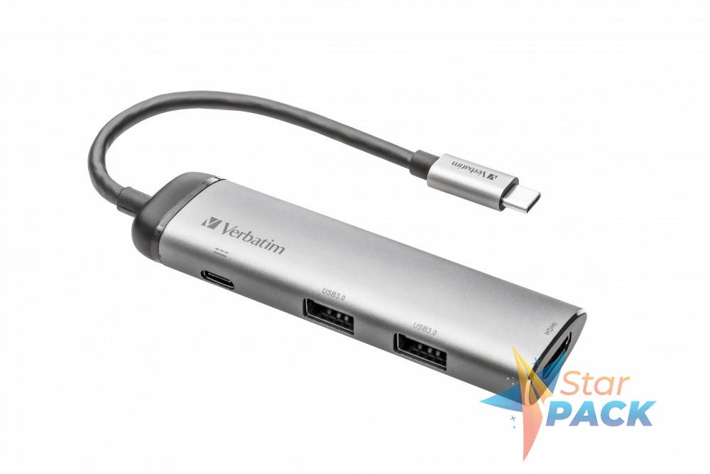HUB extern VERBATIM, USB 3.0 x 2, HDMI x 1, USB Type C x 1, conectare USB Type C, cablu 15 cm, max. 3A, brushed metal