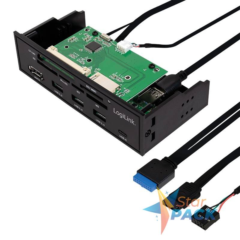 HUB intern LOGILINK, porturi USB: USB 3.0 x 3, USB Type C, conectare prin USB 2.0, S-ATA, alte porturi: SD, MicroSD, M2, MS, XD, CF, eSATA, negru, for 5.25 bay, black