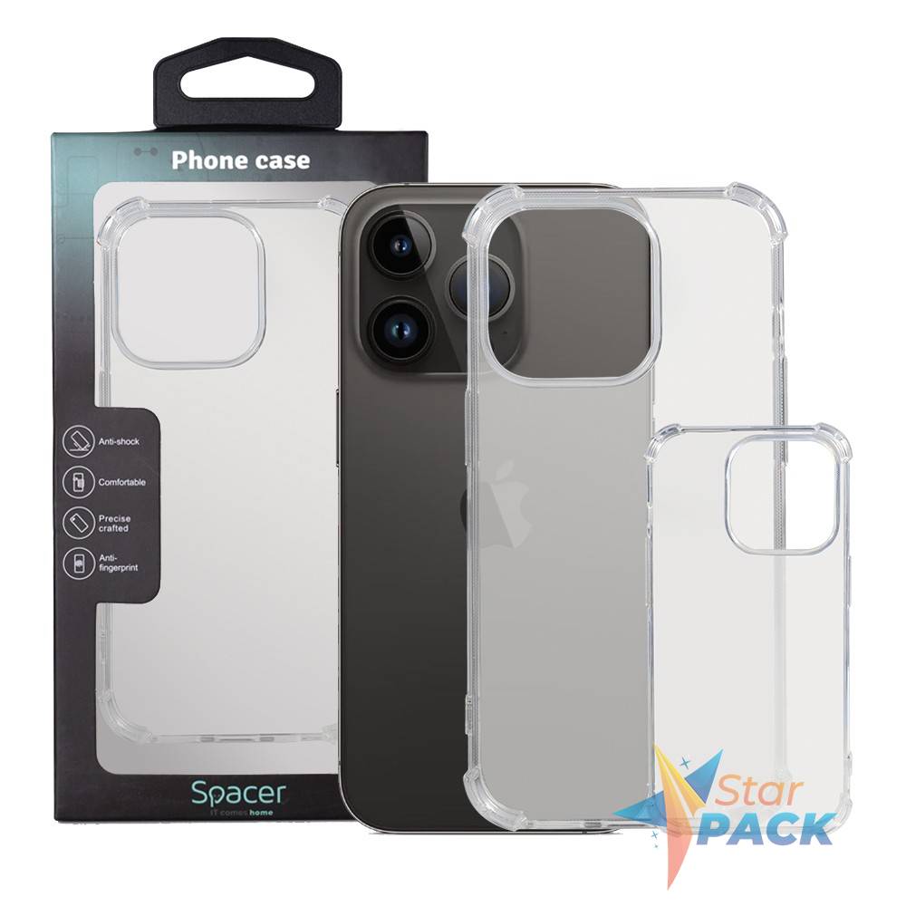 Husa Iphone 14 Pro Spacer, grosime 1.5mm, protectie suplimentara antisoc la colturi, material flexibil TPU, transparenta
