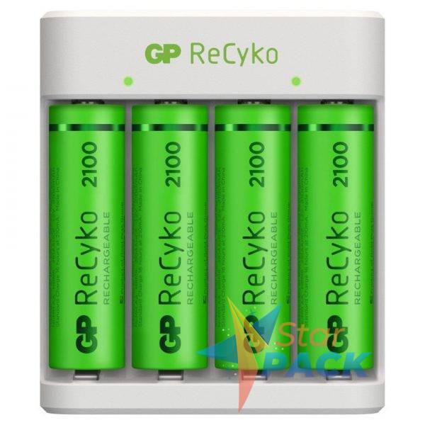 Incarcator GP Batteries, Recyko compatibil NiMH, include 4 x 2100 mAh AA, incarcare USB, 2 LED-uri indicare incarcare, GPE411210AAHC-2B4