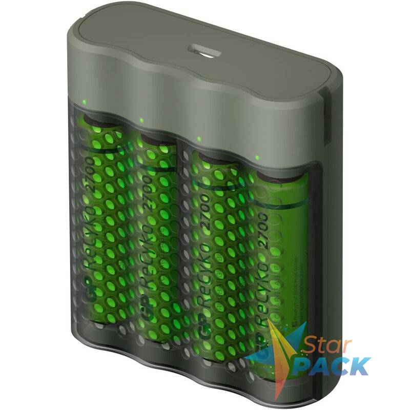 Incarcator GP Batteries, Recyko compatibil NiMH, include 4 x 2700 mAh AA, incarcare USB, 4 LED-uri indicare incarcare,  GPM451/270AAHCE-2EB4