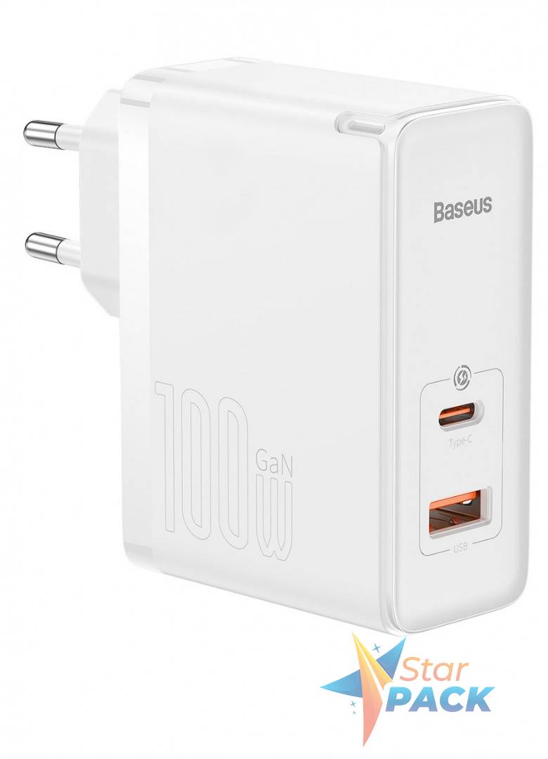 INCARCATOR retea Baseus GaN5 Pro, Quick Charge 100W, 1 x USB, 1 x USB Type-C, include cablu USB Type-C la USB Type-C 100W 1m, alb  - 6932172608965