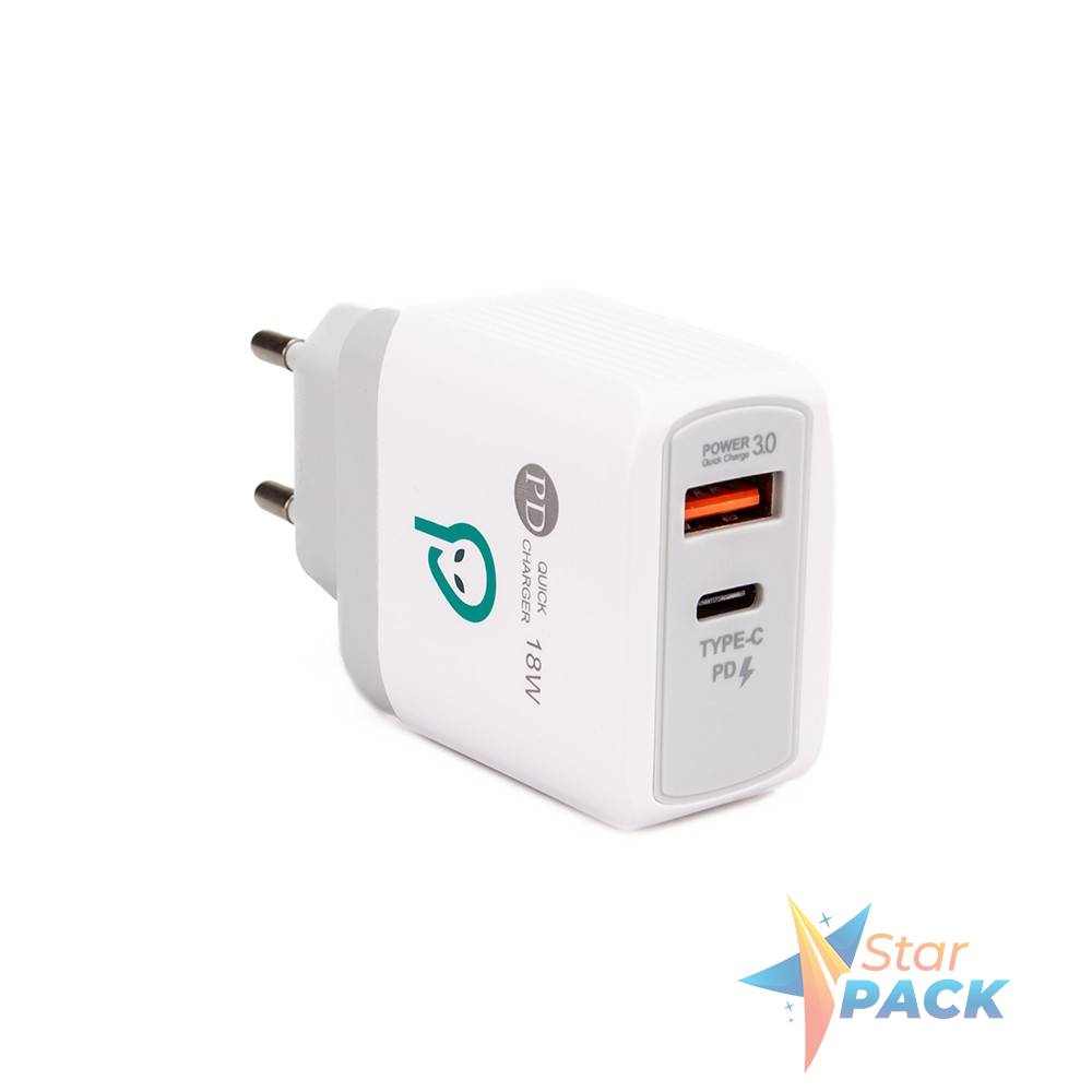 INCARCATOR retea SPACER Quick Charge 18W, USB Type-C PD+ USB Quick Charge