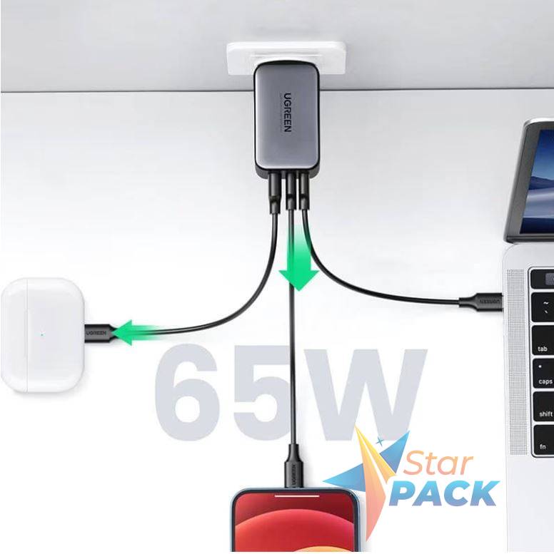 INCARCATOR retea Ugreen, CD244 Quick Charge 65W GaN, 2 x USB Type-C, 1 x USB, gri  - 6941876213344