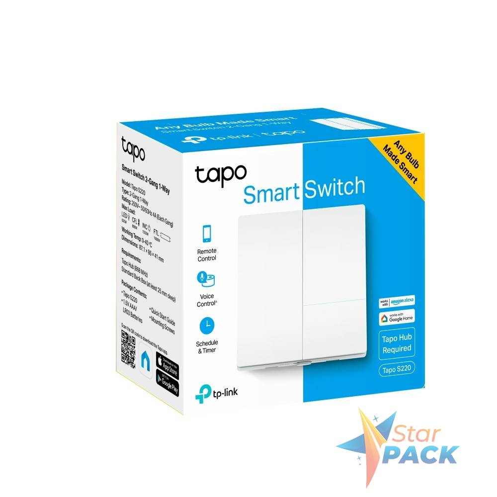 INTRERUPATOR inteligent TP-LINK, necesita hub Tapo H100 pentru functionare, 2 comutatoare,  programare prin smartphone aplicatia Tapo, 2 x baterii AAA, WiFi, alb