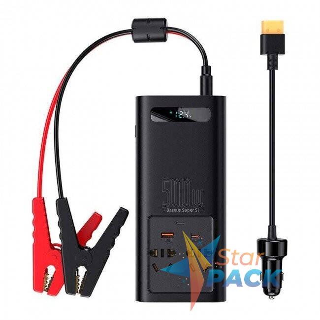 INVERTOR ELECTRIC auto Baseus, IGBT, 2 x AC, 1 x USB Type-C, 1 x USB, 500W 220V, conectare auto 12V, negru  - 6932172603427
