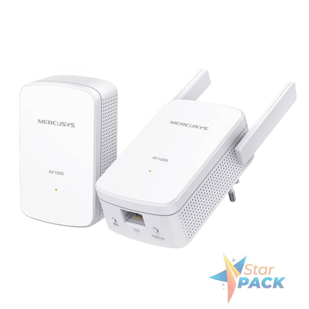 Kit Powerline Wi-Fi Gigabit MERCUSYS, Wi-Fi de 300 Mbps 2.4Ghz, tehnologie AV2, AV1000, pana la 1000 Mbps, RJ-45 x 1 porturi 10/100/1000 Mbps, 2 buc
