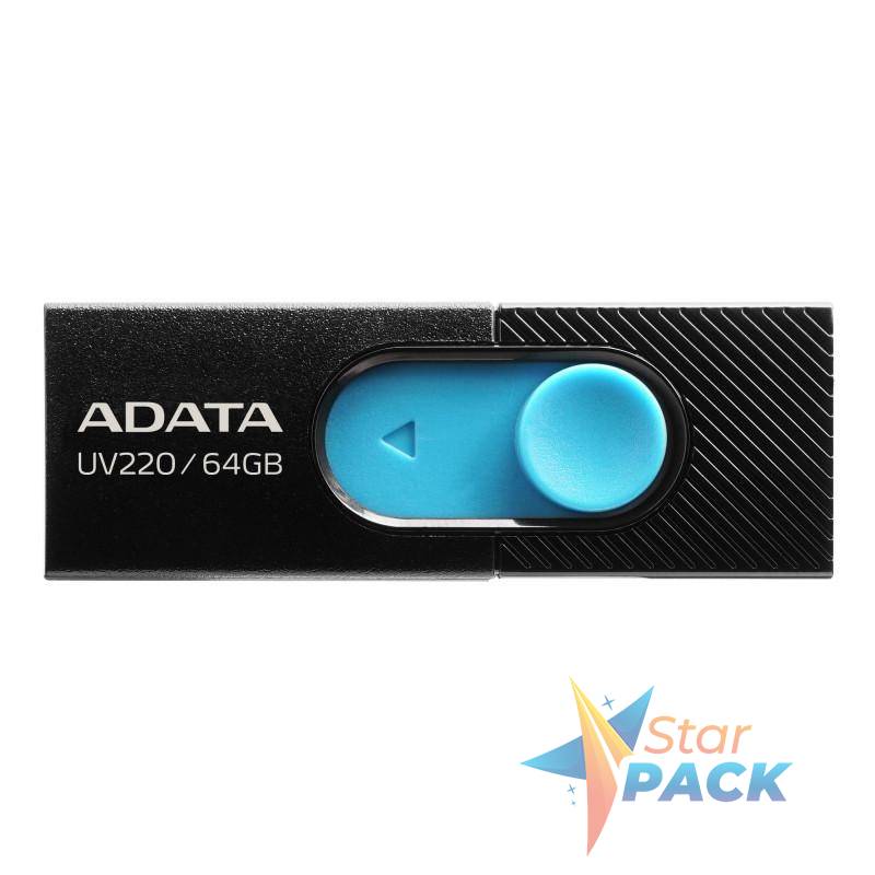 MEMORIE USB 2.0 ADATA 64 GB, retractabila, carcasa plastic, negru / albastru