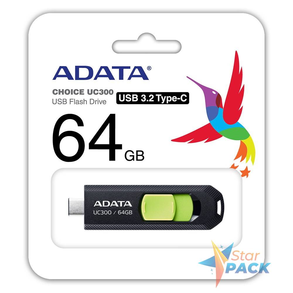 MEMORIE USB Type-C 3.2 ADATA 64 GB, retractabila, carcasa plastic, negru / verde