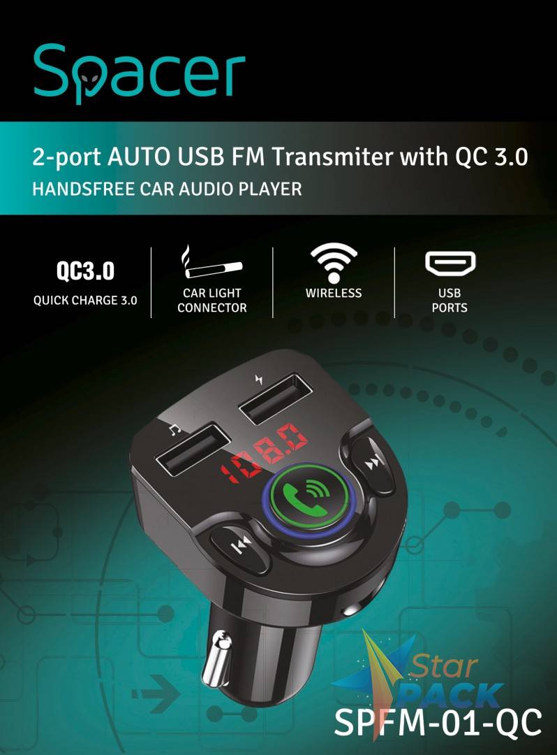 MODULATOR AUTO FM SPACER, Bluetooth 5.0. 1xUSB QC3.0 & 1xUSB max. 5V/3.1A, 12V-24V, max. 10-15m, mic max. 0-2m, format MP3/WMA, 206 canale 87.5-108Mhz, USB disk, microSD,  answer/reject/hang up/redial, black