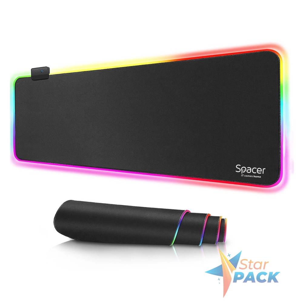 MousePAD RGB SPACER gaming, cauciuc si material textil, 900 x 300 x 3 mm, 1.8 m lungime cablu, negru
