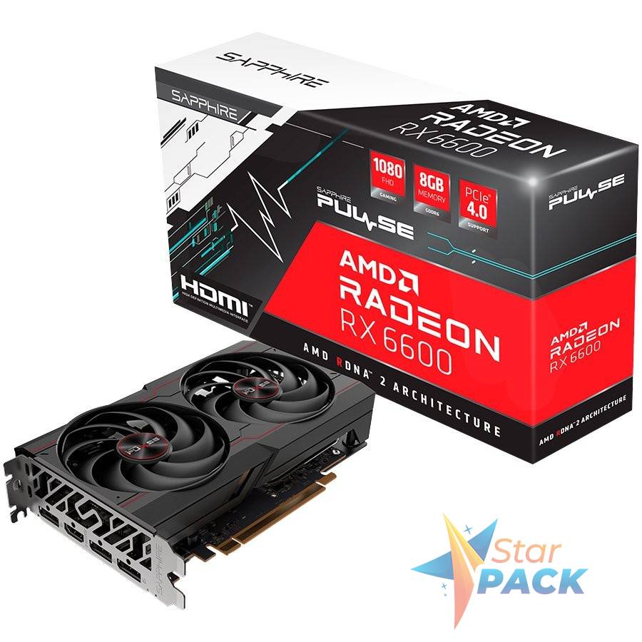 PLACA VIDEO  SAPPHIRE AMD Radeon RX 6600, 8 GB GDDR6 128 biti, PCI Express 4.0 x 16, HDMI, Display Port x 3, sistem racire aer activ