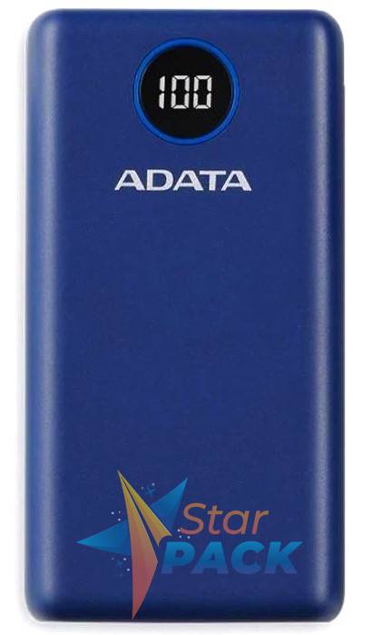POWER BANK ADATA 20000mAh, Quick Charge 3.0 + PD 18W, 2 x USB & 1 x USB-C, digital display pt. status baterie, P20000QCD 20.000 mAh, total 3A, blue