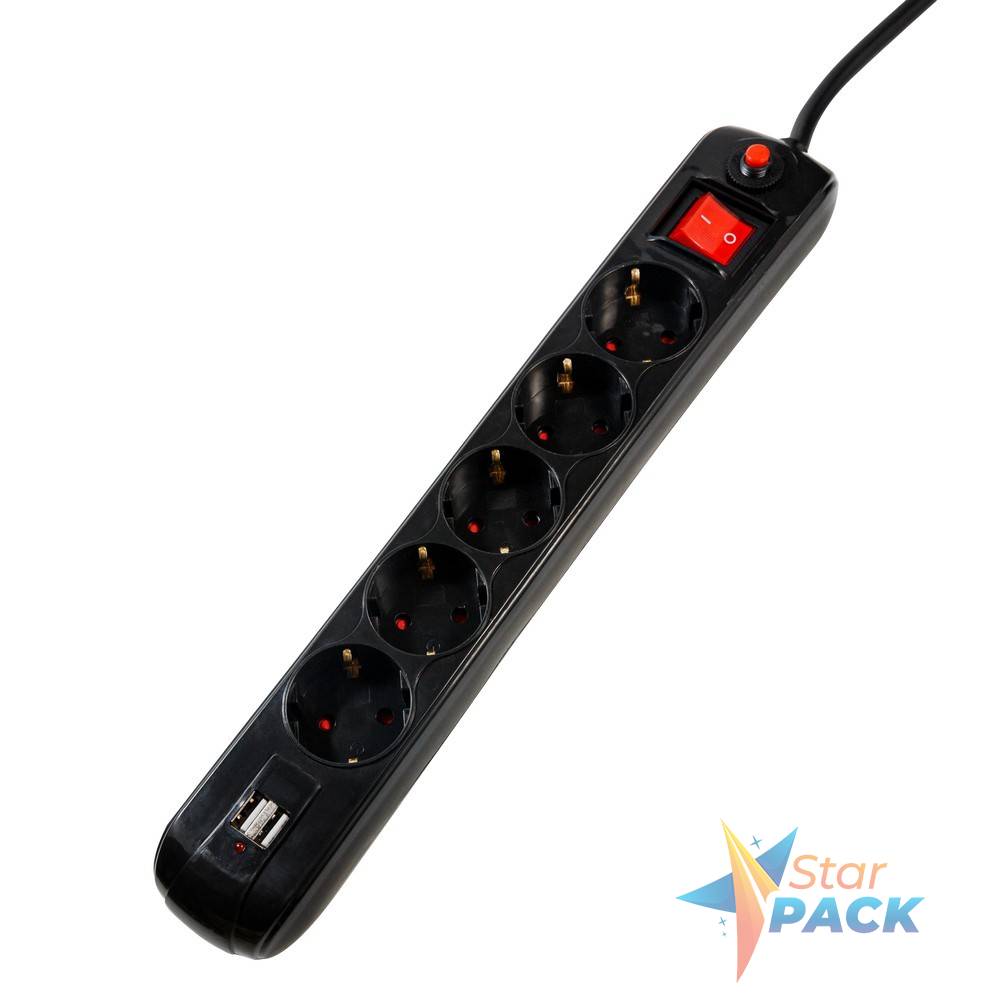 PRELUNGITOR SPACER, Schuko x 5, conectare prin Schuko, USB x 2, cablu 1.8 m, 16 A, max. 3500W, protectie supratensiune, negru
