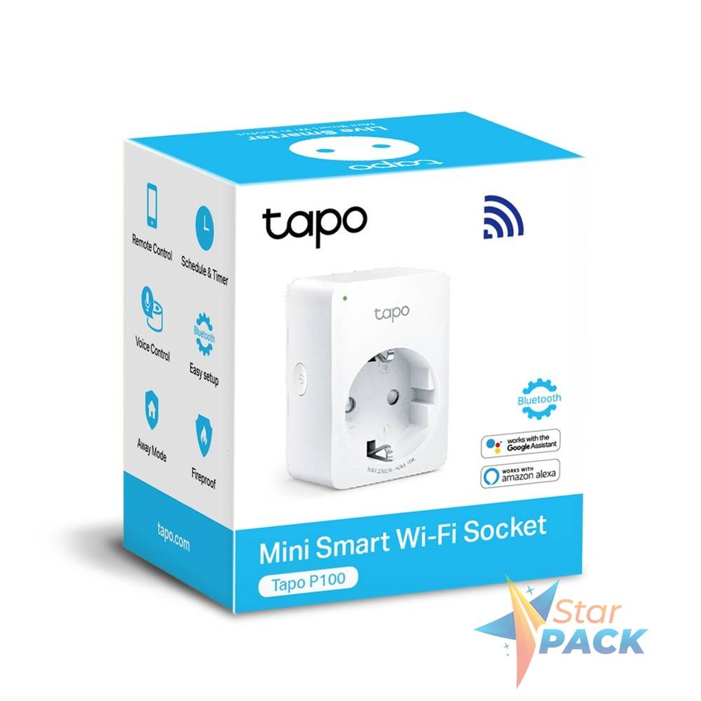 PRIZA inteligenta TP-LINK, Schuko x 1, conectare prin Schuko, 10 A, programare prin smartphone, Bluetooth, WiFi, alb Tapo P100