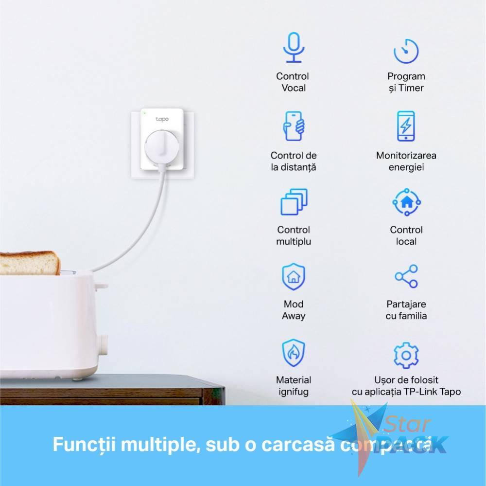 PRIZA inteligenta TP-LINK, Schuko x 1, cu monitorizarea energiei, conectare prin Schuko, 10 A, programare prin smartphone, Bluetooth, WiFi, alb Tapo P110