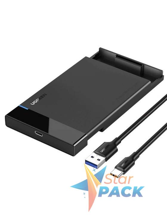 RACK extern Ugreen, US221 pt HDD si SSD SATA 2.5 conectare USB 3.0 max 6 Gbps, 1 x 50cm USB Type-C to USB 3.0 Cable, ABS, negru  - 6957303857432