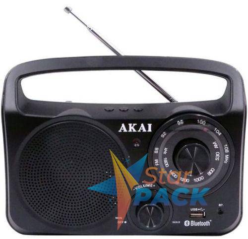 RADIO portabil AKAI, compact 1.0, Bluetooth, cu fir, conector Bluetooth, Jack 3.5mm, USB, negru