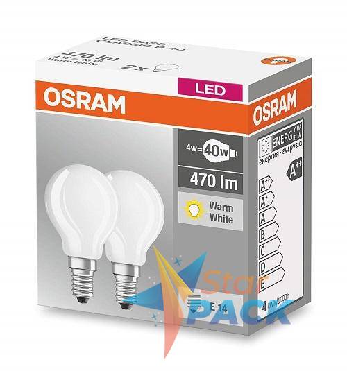 SET 2 becuri LED Osram, soclu E14, putere 4W, forma clasic, lumina alb calda, alimentare 220 - 240 V