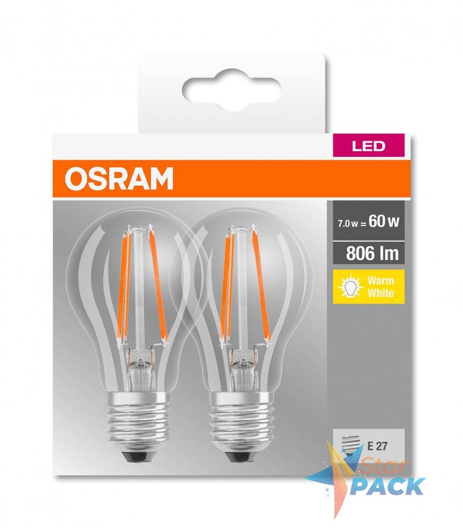 SET 2 becuri LED Osram, soclu E27, putere 7W, forma clasic, lumina alb calda, alimentare 220 - 240 V