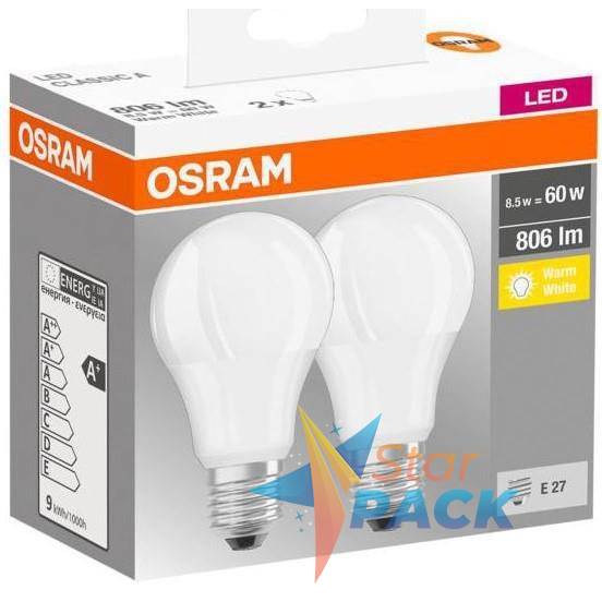 SET 2 becuri LED Osram, soclu E27, putere 8.5W, forma clasic, lumina alb calda, alimentare 220 - 240 V