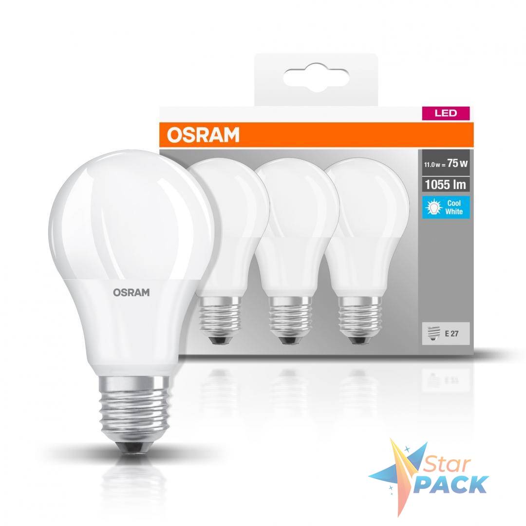 Set 3 BEC LED Osram, soclu E27, putere 10 W, forma clasic, lumina alb, alimentare 220 - 240 V