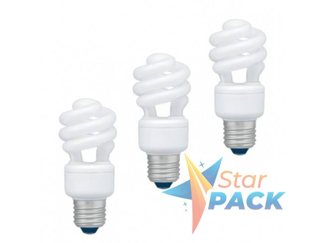 SET 3 becuri fluorescent Panasonic, soclu E27, putere 11W, forma spirala, lumina alb calda, alimentare 220 - 240 V