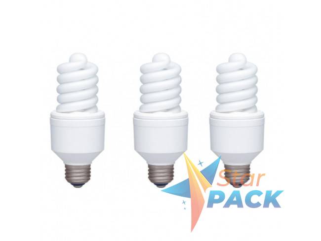 SET 3 becuri fluorescent Panasonic, soclu E27, putere 18W, forma spirala, lumina alb calda, alimentare 220 - 240 V