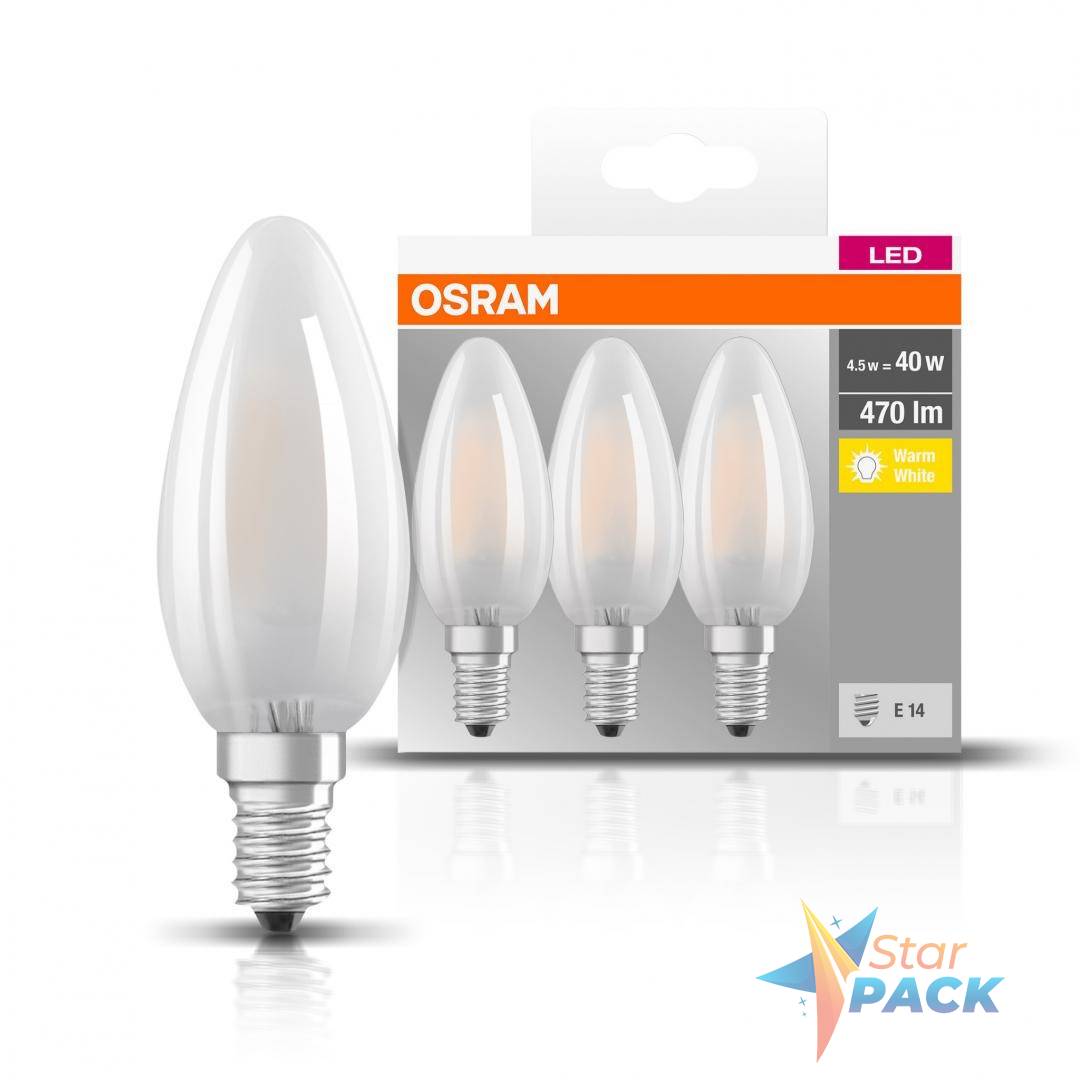 SET 3 becuri LED Osram, soclu E14, putere 4.5W, forma lumanare, lumina alb calda, alimentare 220 - 240 V