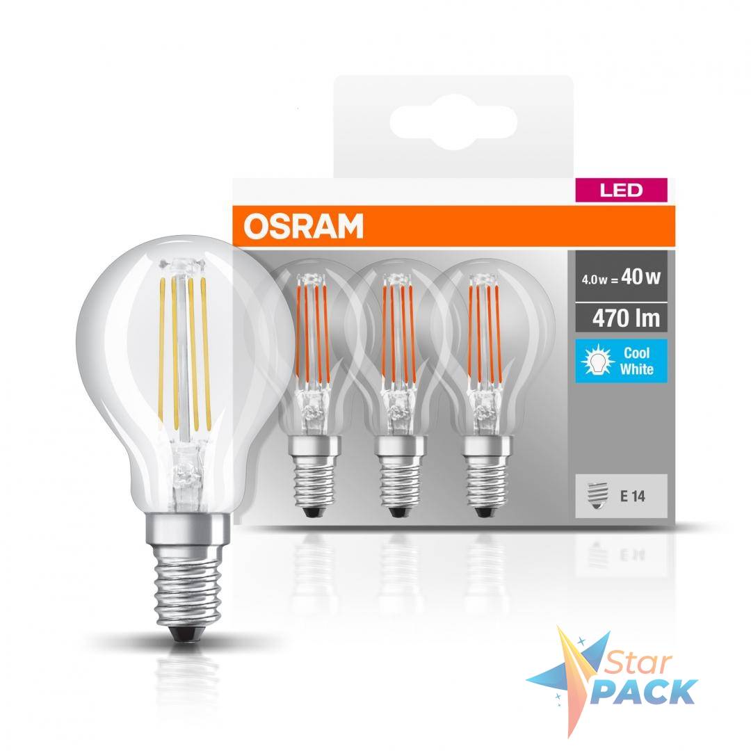 SET 3 becuri LED Osram, soclu E14, putere 4W, forma clasic, lumina alb, alimentare 220 - 240 V