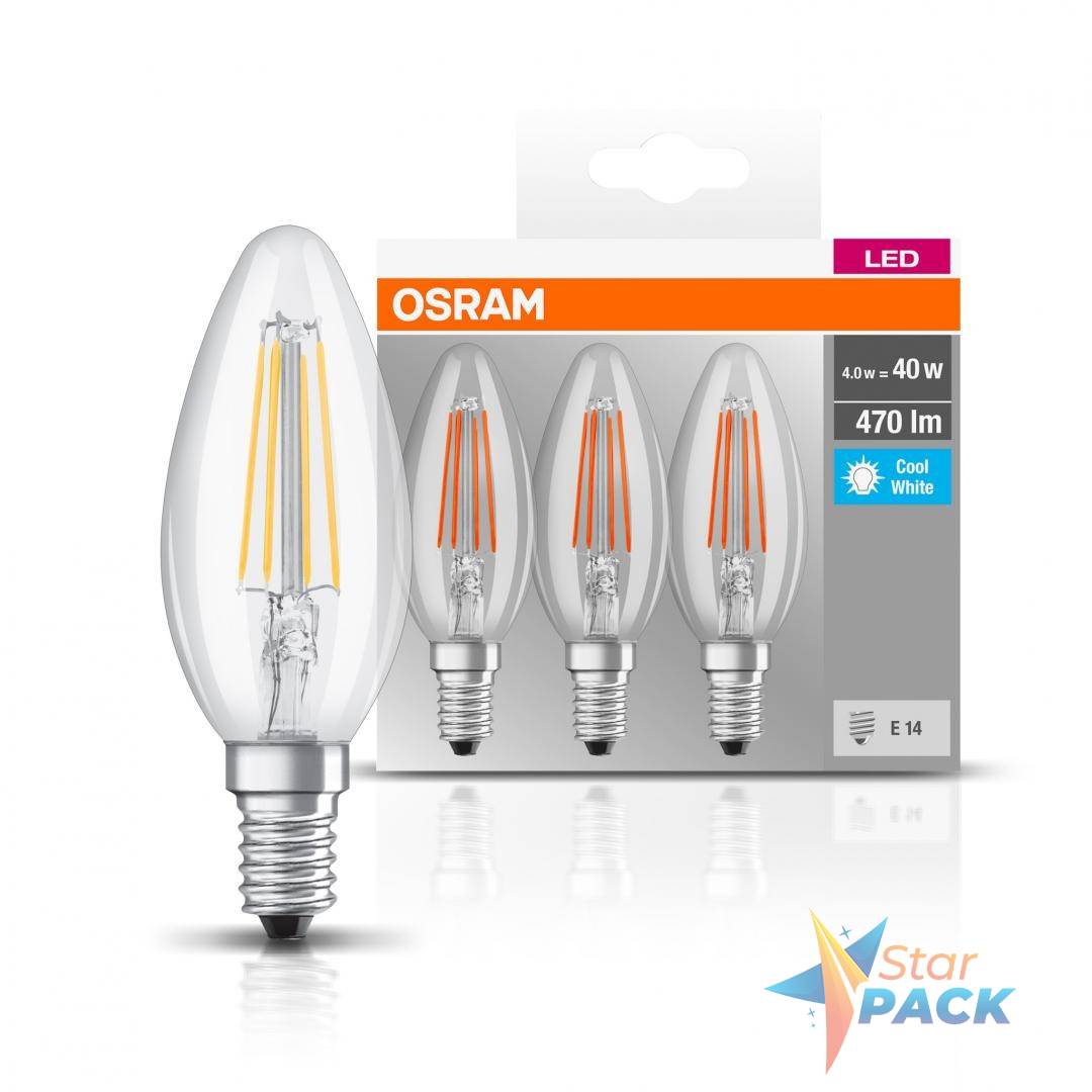 SET 3 becuri LED Osram, soclu E14, putere 4W, forma lumanare, lumina alb, alimentare 220 - 240 V