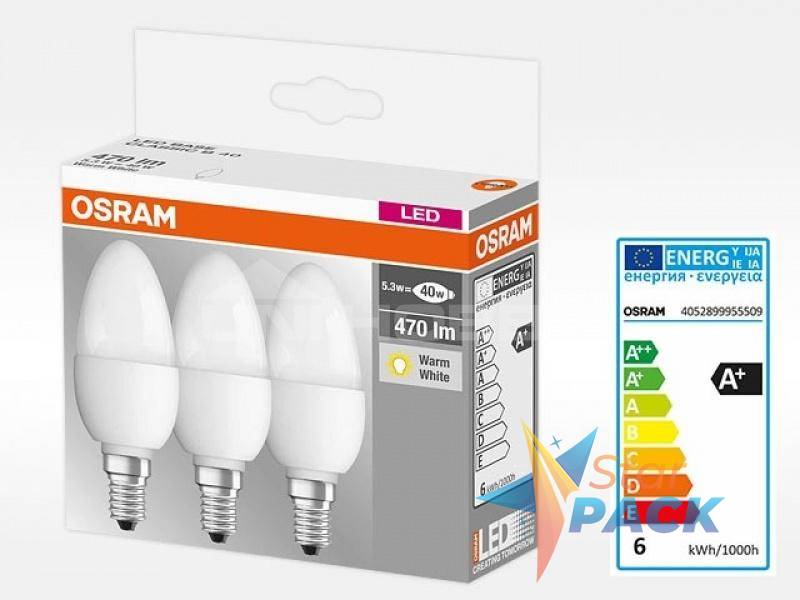 SET 3 becuri LED Osram, soclu E14, putere 5.5W, forma clasic, lumina alb calda, alimentare 220 - 240 V