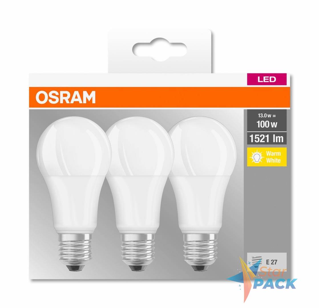 SET 3 becuri LED Osram, soclu E27, putere 13W, forma clasic, lumina alb calda, alimentare 220 - 240 V