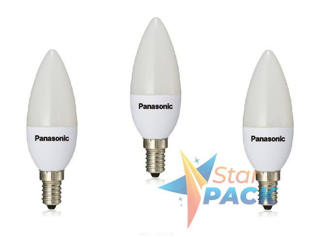 SET 3 becuri LED Panasonic, soclu E14, putere 3.5W, forma lumanare, lumina alb calda, alimentare 220 - 240 V