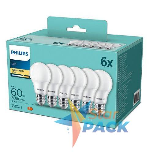 SET 3 becuri LED Philips, soclu E27, putere 8W, forma clasic, lumina alb calda, alimentare 220 - 240 V