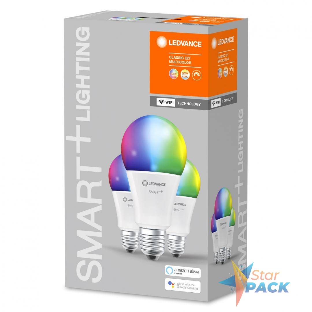 SET 3 becuri smart LED Osram, soclu E27, putere 14W, forma clasic, lumina multicolora, alimentare 220 - 240 V