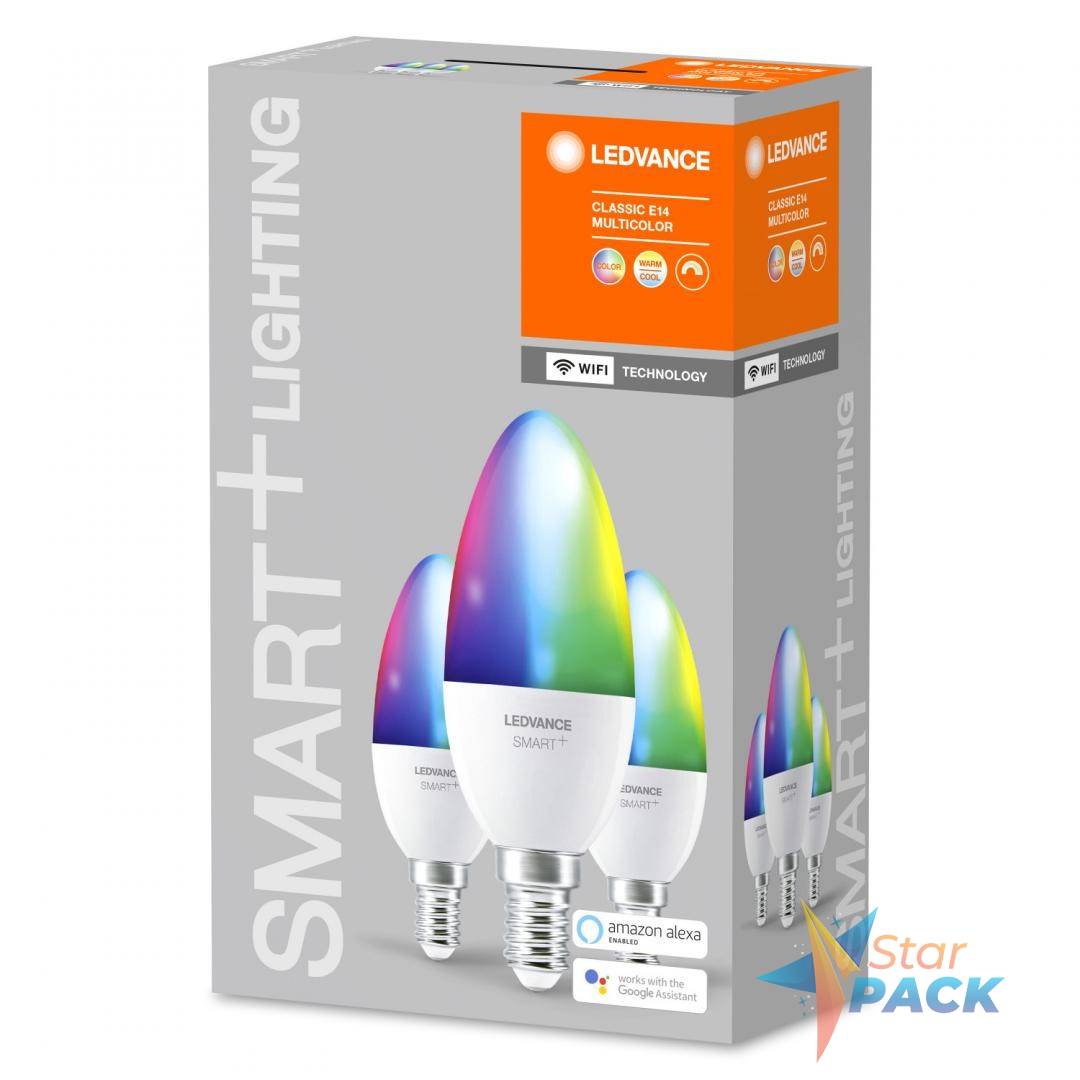 SET 3 becuri smart LED Osram, soclu E27, putere 5W, forma lumanare, lumina multicolora, alimentare 220 - 240 V