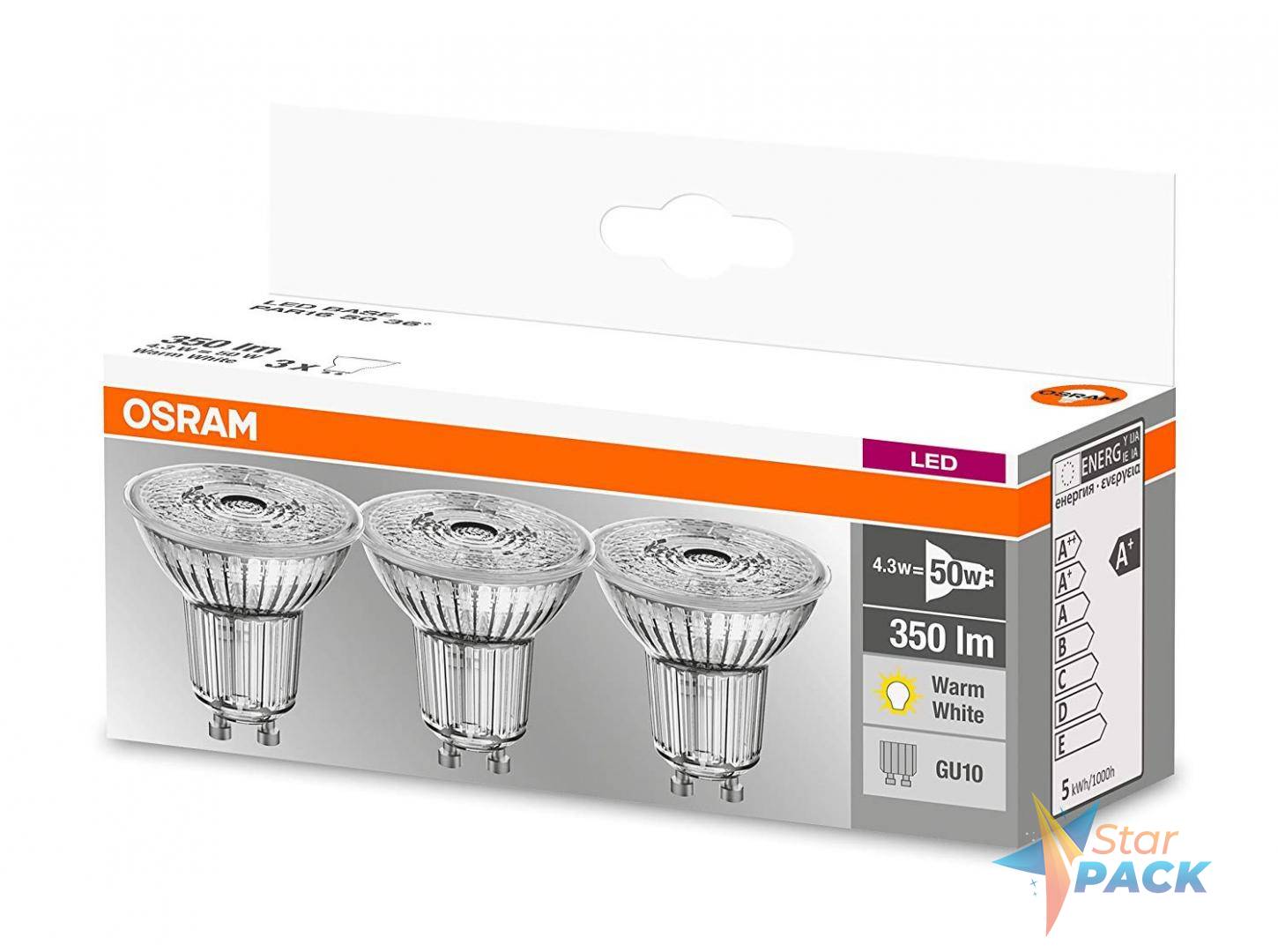SET 3 SPOTURI incastrate LED Osram, soclu GU10, putere 4.3W, forma spot, lumina alb calda, alimentare 220 - 240 V