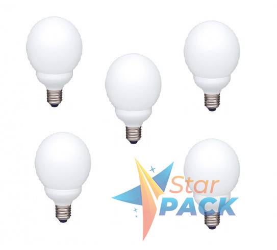 SET 5 becuri fluorescent Panasonic, soclu E27, putere 13W, forma sferic, lumina alb rece, alimentare 220 - 240 V