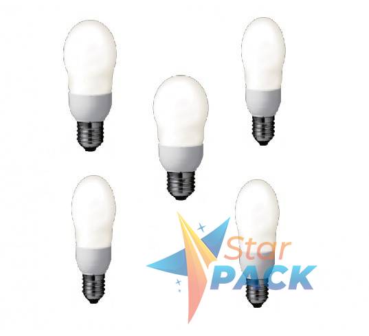 SET 5 becuri fluorescent Panasonic, soclu E27, putere 8W, forma oval, lumina alb calda, alimentare 220 - 240 V