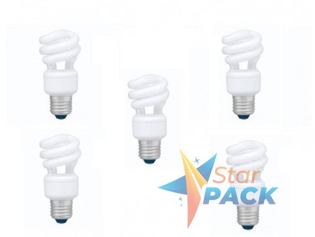 SET 5 becuri fluorescent Panasonic, soclu E27, putere 8W, forma spirala, lumina alb rece, alimentare 220 - 240 V