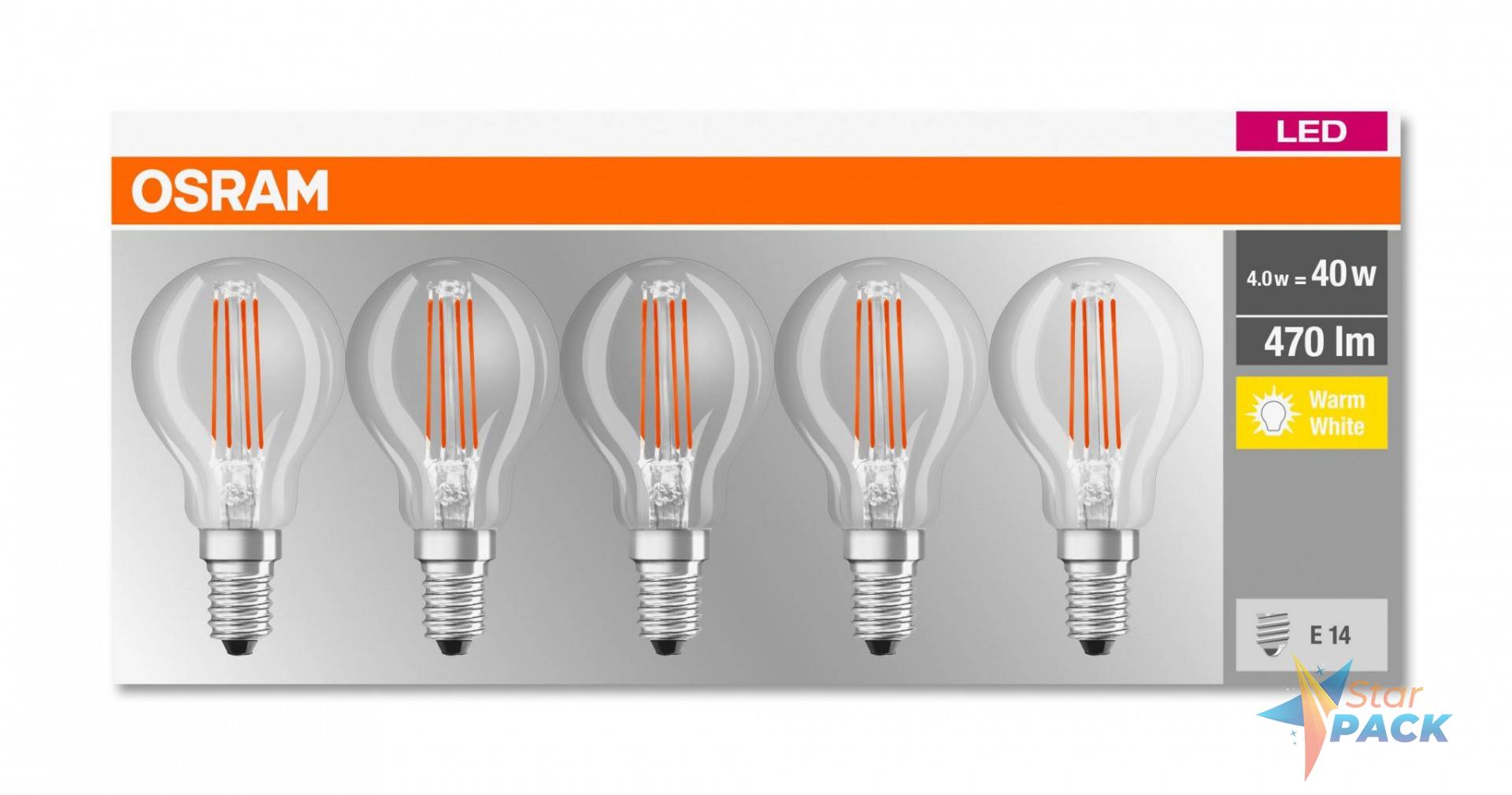 SET 5 becuri LED Osram, soclu E14, putere 4W, forma clasic, lumina alb calda, alimentare 220 - 240 V