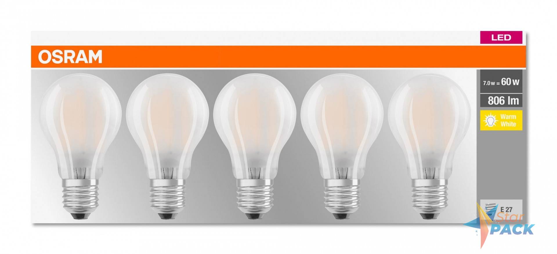 SET 5 becuri LED Osram, soclu E27, putere 7W, forma clasic, lumina alb calda, alimentare 220 - 240 V