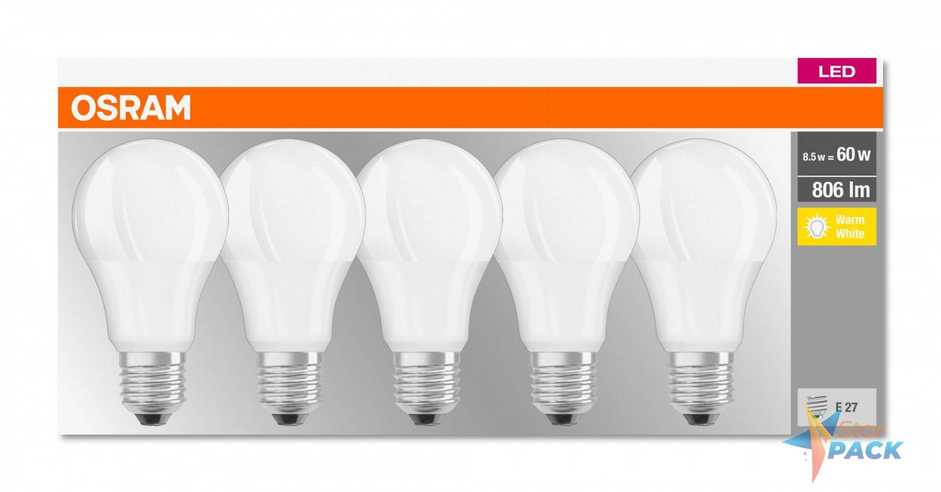 SET 5 becuri LED Osram, soclu E27, putere 9W, forma clasic, lumina alb calda, alimentare 220 - 240 V