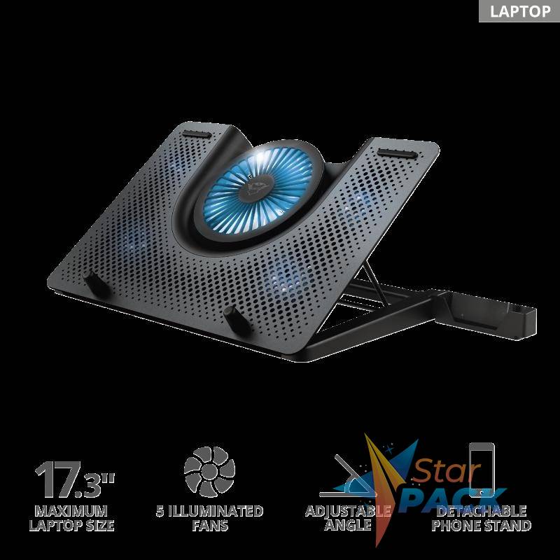 STAND TRUST GXT 1125 Quno notebook 17, sita aluminiu, 4 x fan 5cm, 1 x fan 13 cm, LED albastru, negru