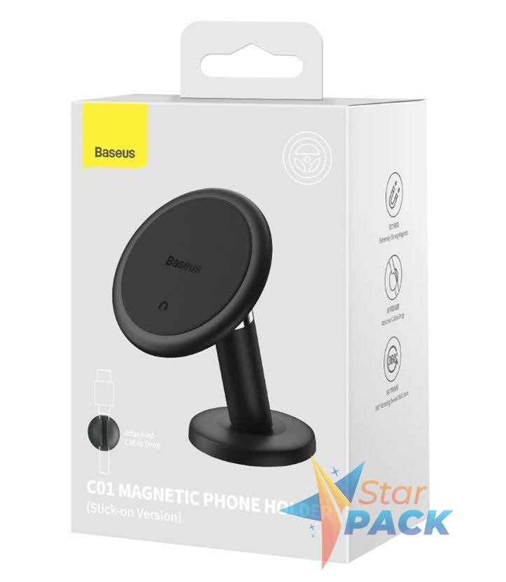 SUPORT AUTO Baseus C01 pt. SmartPhone, fixare adeziv bord, prindere magnetica telefon, rotatie 360 grade, negru  - 6932172612146