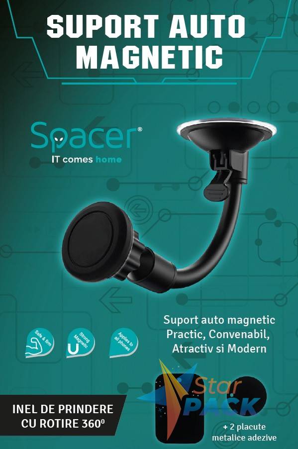 SUPORT auto SPACER pt. SmartPhone, fixare pe bord sau geam, cu ventuza, magnetic, flexibil, rotire 360 grade, black