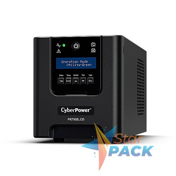 UPS CYBER POWER Line Int. cu Sinusoida Pura, LCD, tower,    750VA/ 675W, AVR, 6 x socket IEC, display LCD, 1 x baterie RBP0014, Backup 4 - 12 min, incarcare 8h, USB, RS232, GreenPower, serie PR