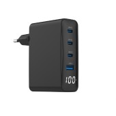 ALIMENTATOR retea 220V GEMBIRD, universal, 1 x USB-A QC3.0 + 3 x USB-C 3A , max. 100W PD GaN, LCD, protectie: scurtcircuit, supraincarcare, supratensiune, supraincalzire, negru